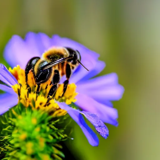 Image similar to a close up of a bee on a flower, a macro photograph by christopher williams, shutterstock contest winner, naturalism, macro photography, photo taken with nikon d 7 5 0, macro lens