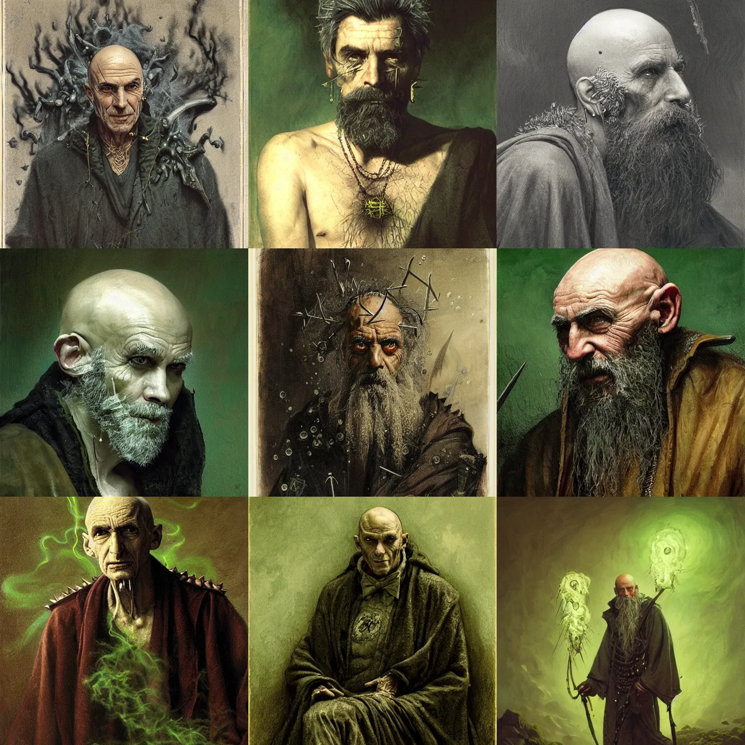 Prompt: portrait of an elderly mage, male bald clean - shaven emaciated, wearing spikes and piercings, sigils, tattered robes, wisps of green smoke, painting by greg rutkowski and gustave dore