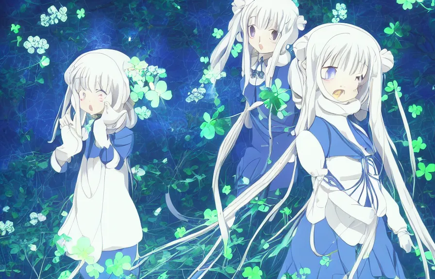 Image similar to Illyasviel ghibli clover | Big Moon at Blue Night | bioluminescent blue FLOWERS | strong blue rimlit | visual-key | anime illustration | highly detailed High resolution | Light Novel | Visual Novel | Gosick