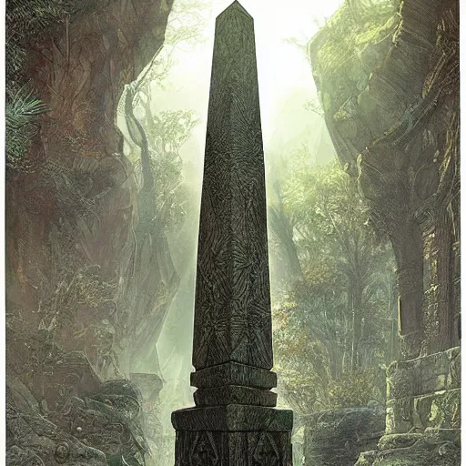 Prompt: giant stone obelisk, intricate detailed glowing engravings, D&D, Magic The Gathering, by Craig Mullins, ornate, amazonian forest, volumetric lighting