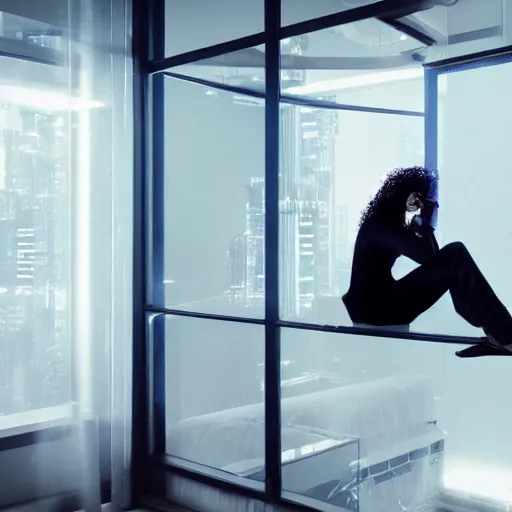 Prompt: photo of a woman in vr headset sitting in cyberpunk room behind the window, by annie leibovitz