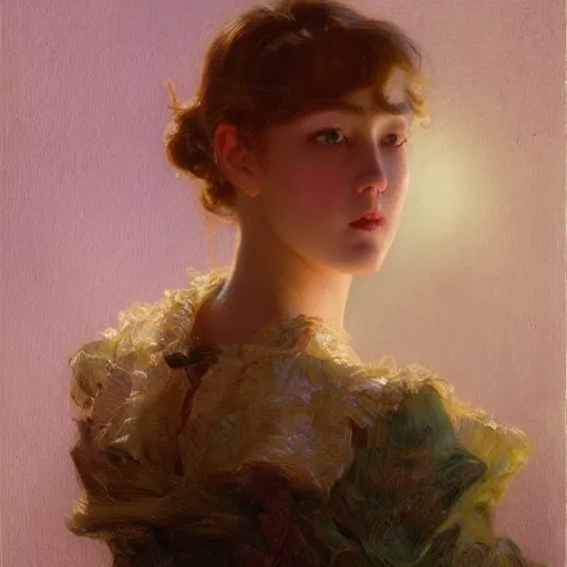 Prompt: a brilliantly lit fashion model studio backlit portrait of sombre anime girl, painting by gaston bussiere, craig mullins, j. c. leyendecker