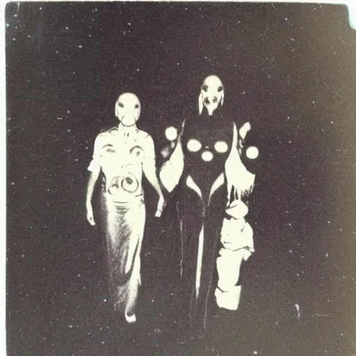 Image similar to really old polaroid photograph of horrorific extraterrestrial beings visiting earth,