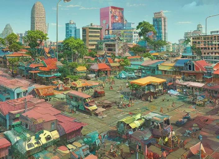 Image similar to bangkok townsquare, deserted, summer morning, very coherent and colorful high contrast, art by gediminas pranckevicius, geof darrow, makoto shinkai, dark shadows, hard lighting