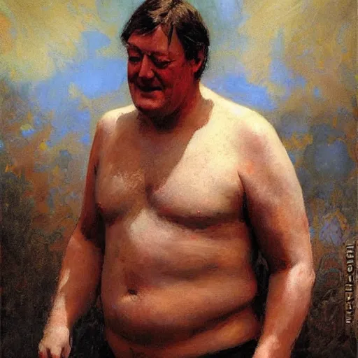 Image similar to Stephen Fry with a flabby body type, painting by Gaston Bussiere, Craig Mullins