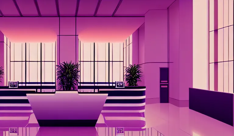 Prompt: a beautiful, sharp focus, clean lines. the interior of an art deco hotel. hotel lobby and receptionist. vaporwave ombre rendering. outrun style. trending on artstation. recommended for you behance. by chris moore. by edward hopper. ambient occlusion. digital matte painting. metropolis filmic. gotham city.