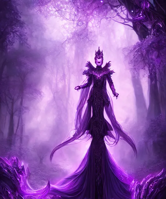 Image similar to ultra detailed, magical realism, portrait painting, of the beautiful empress in black dragon armor within the enchanted purple forest, glowing purple, volumetric lighting, illusion, intricate details, by ross tran.