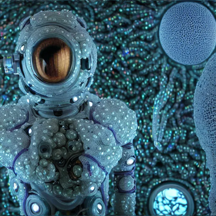 Prompt: a cybernetic symbiosis of a single astronaut mech-organic eva suit made of pearlescent wearing knitted shiny ceramic multi colored yarn thread infected with diamond 3d fractal lace iridescent bubble 3d skin dotted covered with orb stalks of insectoid compound eye camera lenses floats through the living room, film still from the movie directed by Denis Villeneuve with art direction by Salvador Dalí, wide lens,kevlar,carbon fiber,ceramics,gaseous materials,