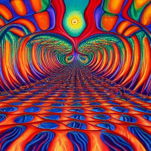 Prompt: highly detailed painting of a psychedelic stanley kubrick movie scene filled with magical energy by mad dog jones and alex grey