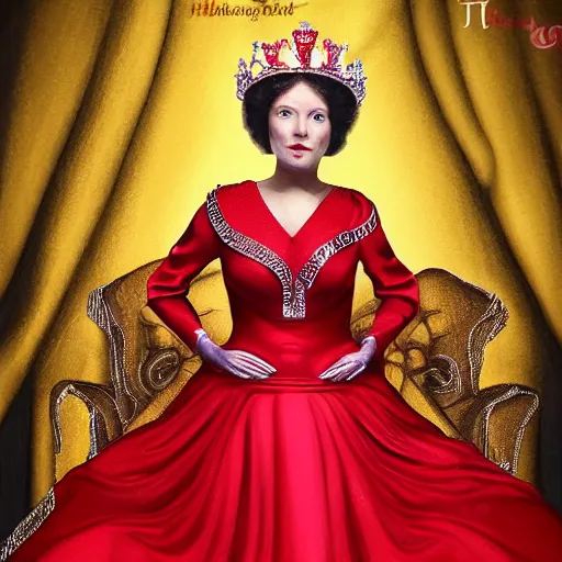 Image similar to realistic human queen, wearing red gown, beautiful, sitting on throne, highly detailed