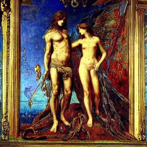 Image similar to a symbolist painting about the lie we live in the style of Jupiter and Semele by Gustave Moreau