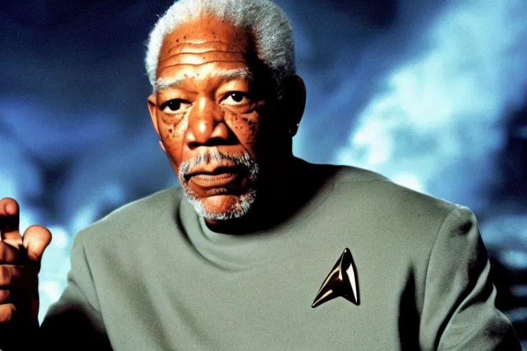 Prompt: a film still of Morgan Freeman starring as a Captain Picard in a Star Trek: The Next Generation, sitting in Ten Forward, dramatic lighting