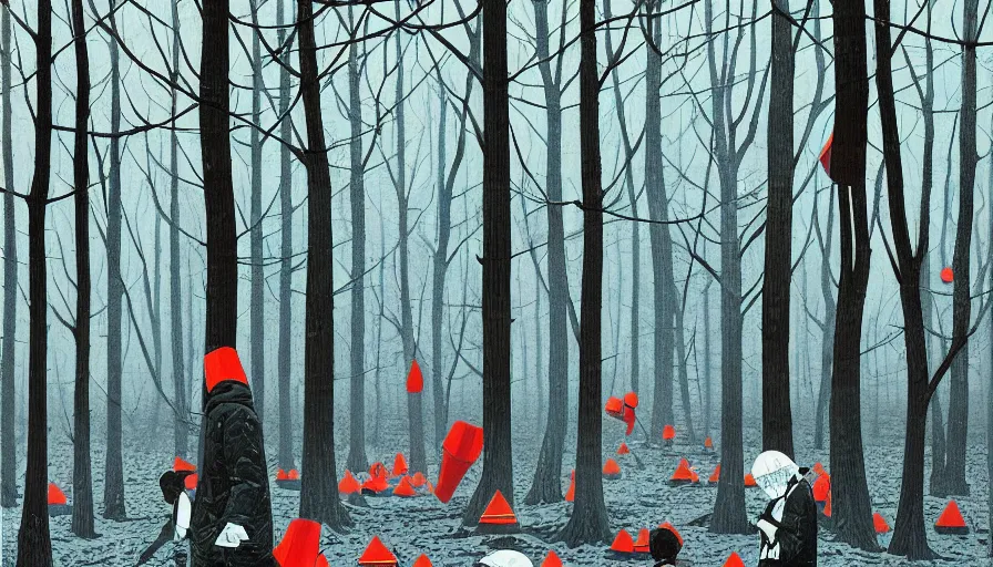 Prompt: safety cones scattered around an oak tree forest in winter, by james jean by ilya kuvshinov kintsugi, hyper detailed surrealist painting
