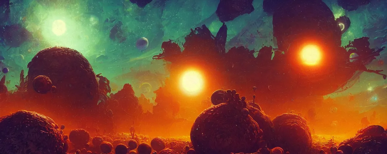 Prompt: ” outer planet made of jelly, [ art by paul lehr, cinematic, detailed, epic, widescreen, opening, establishing, mattepainting, photorealistic, realistic textures, octane render ] ”