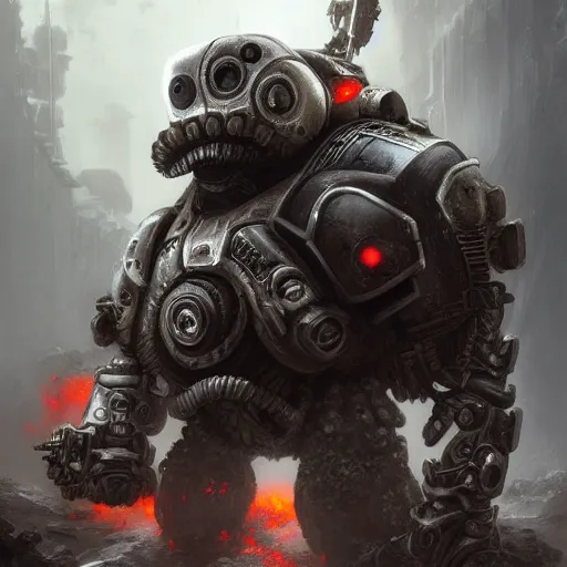 Image similar to anthropomorphic Robot Penguin in Gears of War cover art, ultra wide lens shot , tiny, small, short, cute and adorable, pretty, beautiful, DnD character art portrait, matte fantasy painting, eerie, DeviantArt Artstation, by Jason Felix by Steve Argyle by Tyler Jacobson by Peter Mohrbacher, cinematic lighting