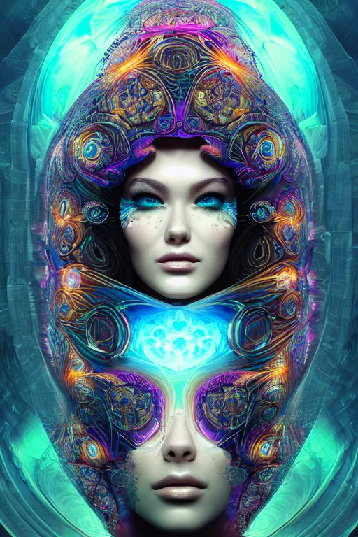 Prompt: a centered render of an alluring goddess wearing a psychedelic mask surrounded by a underwater ink pour and energy made from geometry and spiral mandel bulb fractals, powerful, cinematic, beautifully lit, by artgerm, by karol bak, 3 d, trending on artstation, octane render, 8 k