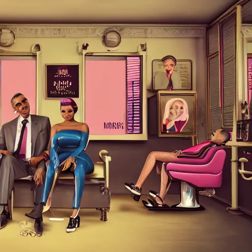 Image similar to illustration of nicki minaj sitting next to barack obama in a 6 0's vintage barbershop in queens, symmetrical, cinematic scene, brownish colors, hyper realistic, highly detailed faces, octane render, trending on artstation