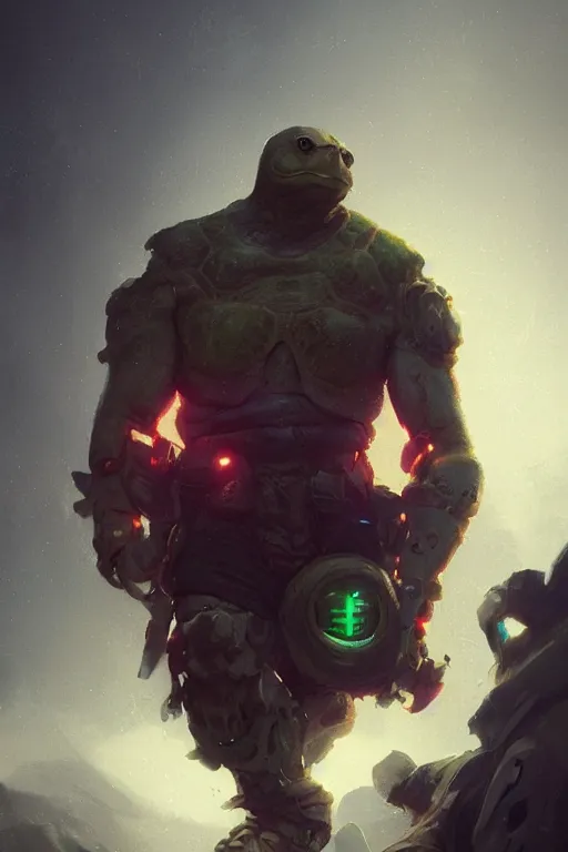 Prompt: buff turtle man, ultra realistic digital art, character design, neon futuristic turtle, fantasy character art by Greg Rutkowski, 4k