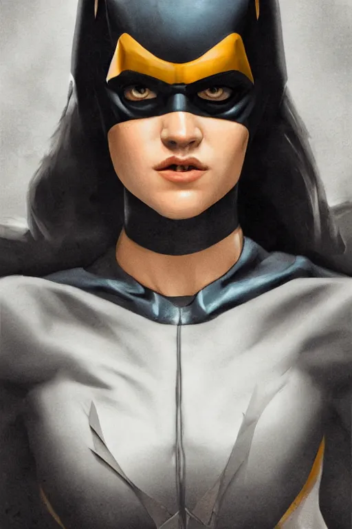 Image similar to portrait of Young Jennifer Connelly as Batgirl , face portrait, raphael lacoste, eddie mendoza, alex ross, concept art, matte painting, highly detailed, rule of thirds, dynamic lighting, cinematic, detailed, denoised, centred