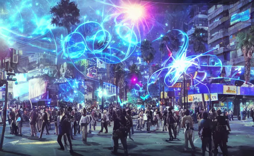 Image similar to crowd of crazy people with posters attacking cops in front a huge blue spiral - shaped bright white luminous attractor that is floating and stores in los angeles with light screens all over the street, concept art, art for the game, professional lighting, night lighting from streetlights