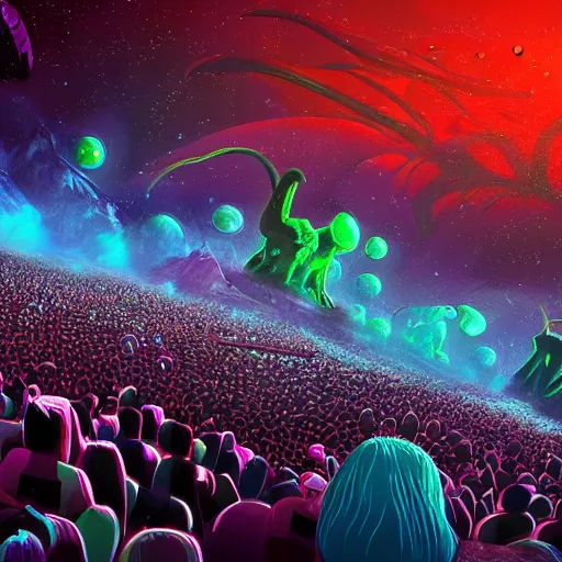 Prompt: a big concert in an alien planet, weird creatures, alien scenery, lots of people, big lights, volumetric, concert lights wide angle lens, digital art
