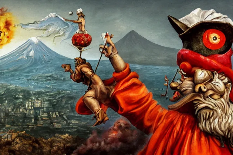 Prompt: a highly detailed pulcinella!!! from naples with pizza in foreground, volcano in the background with smoke, blazing fire and glowing lava, full body, wide angle, an ultrafine detailed painting by rivorio mok, post - apocalyptic vibe, trending on deviantart, whimsical, lowbrow, perfect symmetrical face, sharp focus, octane, masterpiece