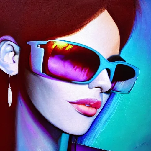 Prompt: closeup painting of a very beautiful young mexican cyberpunk woman with a smirk, light blue retro shades, and a purple coloured leather jacket, one side haircut, long brown hair with light blue ends, portrait, sci - fi, hyperdetailed, artstation, cgsociety, synthwave by tangerine dream, by jean - michel jarre, by vangelis, by john carpenter