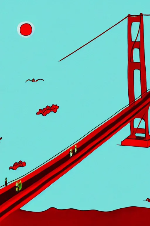 Image similar to golden gate bridge, illustration, in the style of katinka reinke