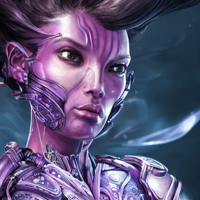 Image similar to close up portrait of a woman in powerful purple sci - fi armor with a black ponytail, elegant, stoic, intense, ultrafine hyperdetailed illustration by kim jung gi, irakli nadar, intricate linework, sharp focus, bright colors, octopath traveler, final fantasy, unreal engine 5 highly rendered, global illumination, radiant light, detailed, intricate environment