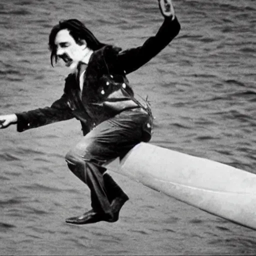 Image similar to charles manson riding a flying fish