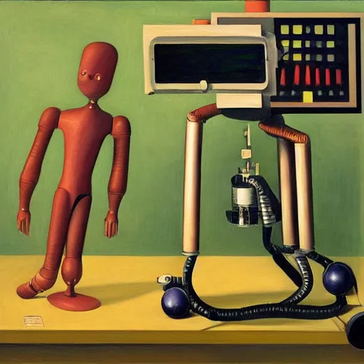 Prompt: mad scientist at a control panel programming a wacky robot in a gyroscope, grant wood, pj crook, edward hopper, oil on canvas