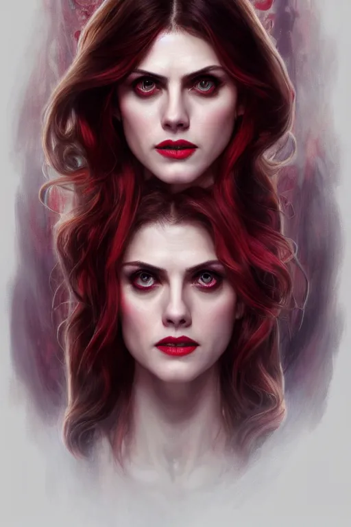 Image similar to alexandra daddario as scarlett witch cosplay, realistic portrait, symmetrical, highly detailed, digital painting, artstation, concept art, smooth, sharp focus, illustration, cinematic lighting, art by artgerm and greg rutkowski and alphonse mucha