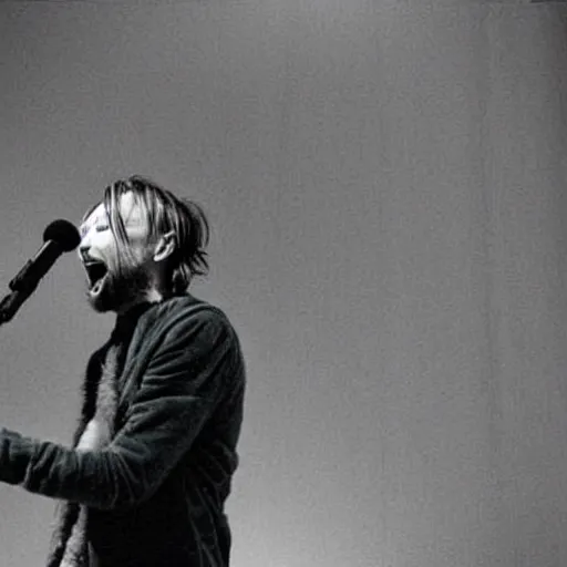Prompt: happy Thom Yorke 1995 singing into a microphone, a photo by John E. Berninger, trending on pinterest, private press, associated press photo, angelic photograph, masterpiece