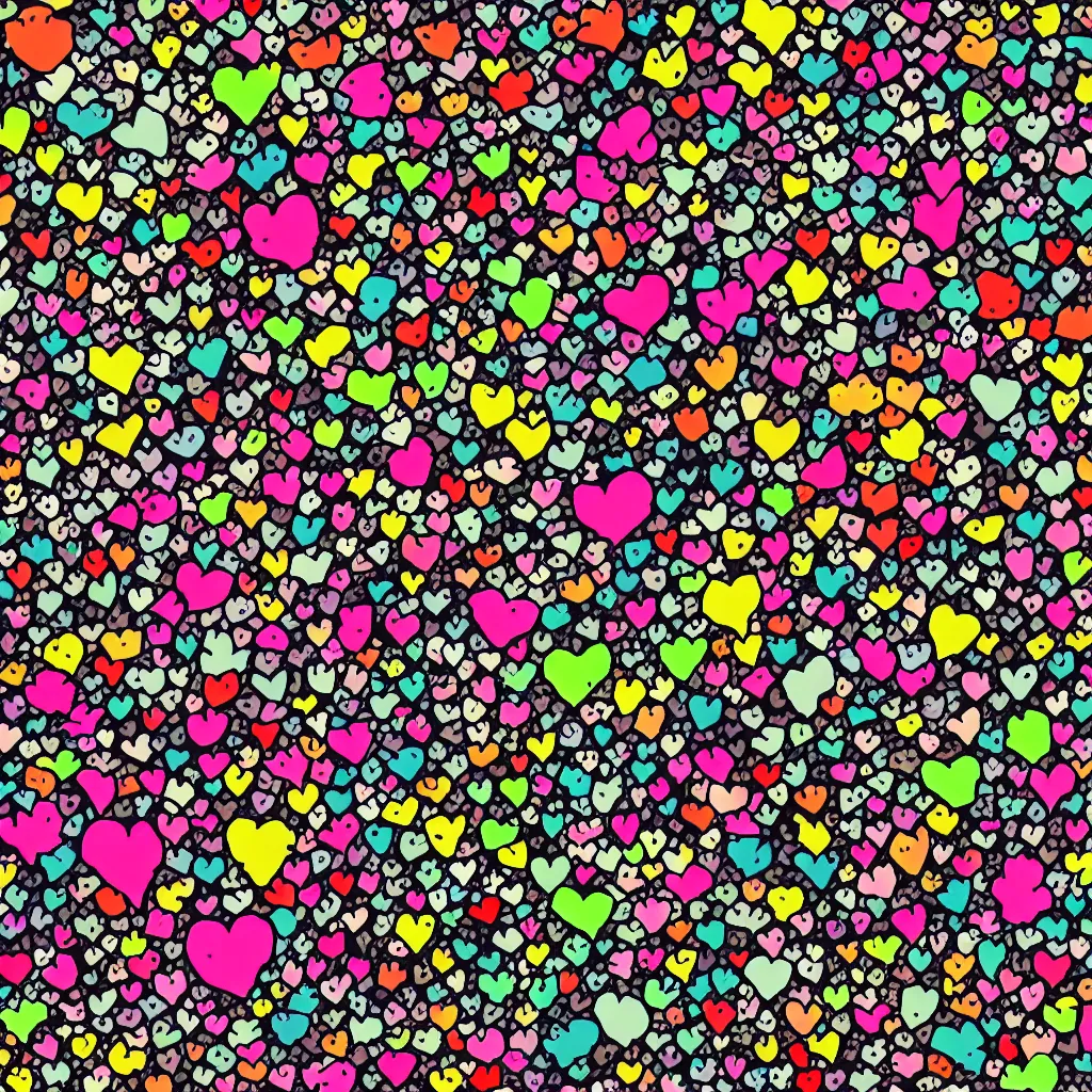 Image similar to camo made of hearts and smiling, abstract, jet set radio artwork, cryptic, dots, spots, stipple, lines, splotch, color tearing, pitch bending, faceless people, dark, ominous, eerie, hearts, minimal, points, technical, old painting, neon colors, folds