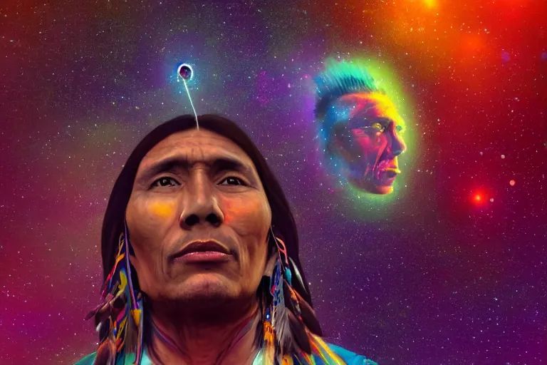 Image similar to photograph of a spiritual native american man looking up at the stars, art, universe, blender, pastel colors, synthwave, retro, cyberpunk,