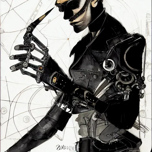 Image similar to cyborg male, slim, short hair, small scar on the chin, leather jacket with steampunk elements, one robotic arm and big shoes, book cover, deep shadows, by Dave McKean sketch lineart for character design