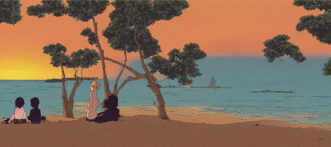 Image similar to a couple watching the sunset by the beach, by Studio Ghibli