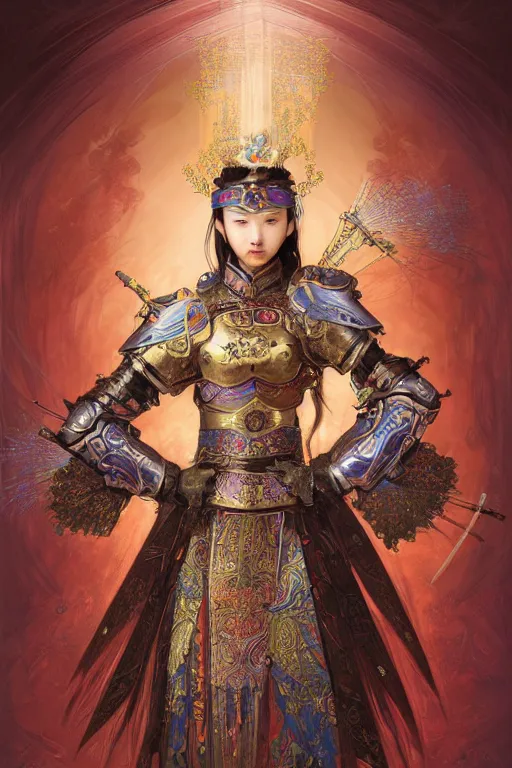 Image similar to beautiful and divine and holy and elite and colorlpunk young three kingdom chinese female armor knight portrait +shinnyy eyes+front face with light flowing hair, ultradetail face, art and illustration by tian zi and craig mullins and WLOP and alphonse mucha, fantasy, intricate complexity, human structure, human anatomy, fantasy character concept, watermark, blurry, hyperrealism 8k