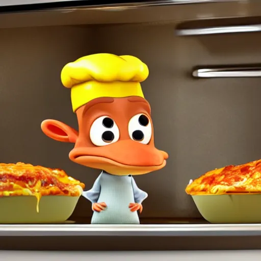 Image similar to pixar 3 d style cute platypus on a kitchen wearing a chef hat and holding a lasagna into an oven, pixar style, 3 d, ratatouille style