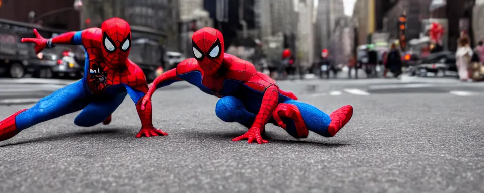 Prompt: spider - man and superman meet in new york city street, high res, shallow depth of field, realistic image