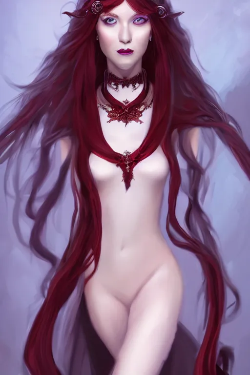 Prompt: a full body portrait of a gorgeous female sorceress, looking at camera, D&D, choker on neck, stylish dress, very long flowing red hair, intricate, elegant, stylish, cute slightly nerdy smile, mouth slightly open, fantasy, extremely detailed, digital painting, artstation, concept art, smooth, sharp focus, illustration, stunning lighting, art by artgerm and greg rutkowski and alphonse mucha and simon stalenhag