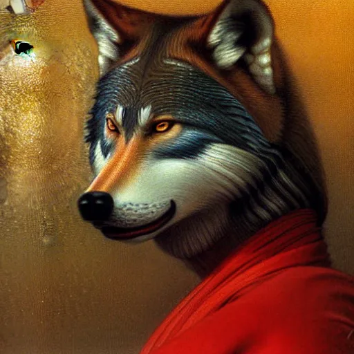 Prompt: a portrait of a male wolf in a red kimono in the sewers. furaffinity furry art detailed face painting by gaston bussiere craig mullins jc leyendecker gustav klimt artgerm greg rutkowski furry