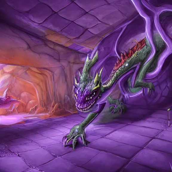 Image similar to inside a cavernous living stomach, the walls purple and pulsing, lots of acid pooling up on the floor, digesting and dissolving a small dragon, food pov, micro pov, vore, digital art, furry art, anthro art, high quality, 8k 3D realistic, macro art, micro art, Furaffinity, Deviantart, Eka's Portal, G6