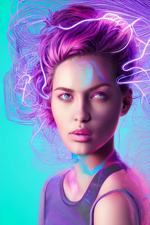 Image similar to a award winning half body portrait of a beautiful woman with stunning eyes in a croptop and cargo pants with ombre purple pink teal hairstyle and hands in pockets by thomas danthony, surrounded by whirling illuminated lines, outrun, vaporware, shaded flat illustration, digital art, trending on artstation, highly detailed, fine detail, intricate