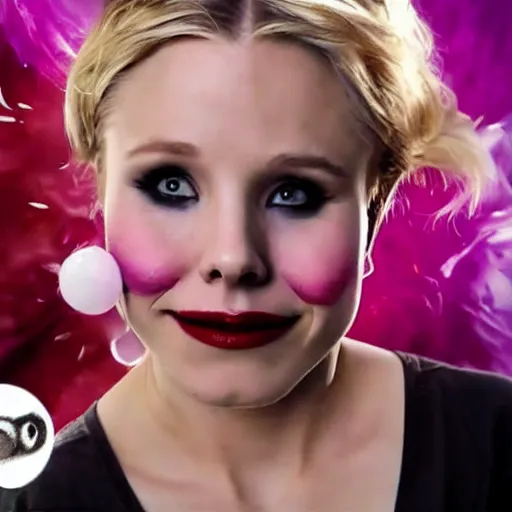 Image similar to gopro video of obese kristen bell in clowncore makeup