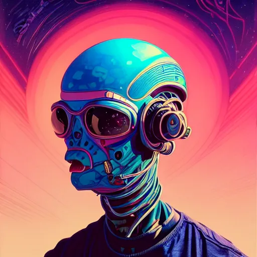 Image similar to high quality high detail portrait of a diesel punk in an alien world,, tristan eaton, victo ngai, artgerm, rhads, ross draws, hyperrealism, intricate detailed, alphonse mucha, 8 k, sci - fi, pastel colors, artstation,