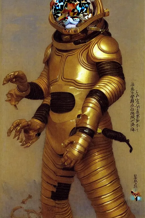 Prompt: portrait of a tiger astronaut with chinese dragon armor and helmet, majestic, solemn, by bouguereau