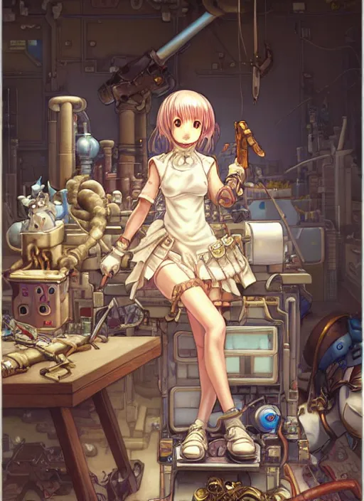 Image similar to prompt : ragnarok online portrait soft light painted by james jean and katsuhiro otomo and erik jones, inspired by akira anime, epic fantasy, a young tinker girl working on a device in her workshop, workshop in the background, intricate oil painting, high detail illustration, sharp high detail, manga and anime 1 9 9 9