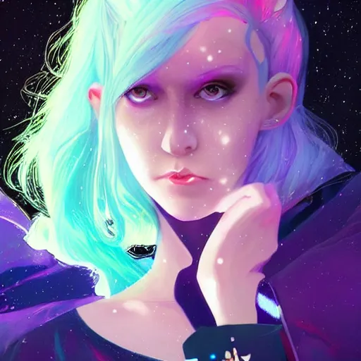 Image similar to a nonbinary changeling wearing a starry cloak, aurora colored hair, starry eyes, curious expression, character art, trending on artstation, artgerm, 4k ultra hd, sharp focus, digital art by Ilya Kuvshinov and Ross Tran,