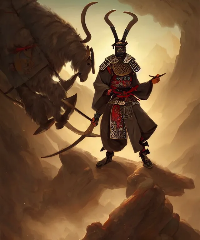 Image similar to anthropomorphic goat samurai, samurai outfit, standing in a beautiful landscape, cute and adorable, dnd character art portrait, matte fantasy painting, deviantart artstation, by jason felix by steve argyle by tyler jacobson by peter mohrbacher, cinematic lighting